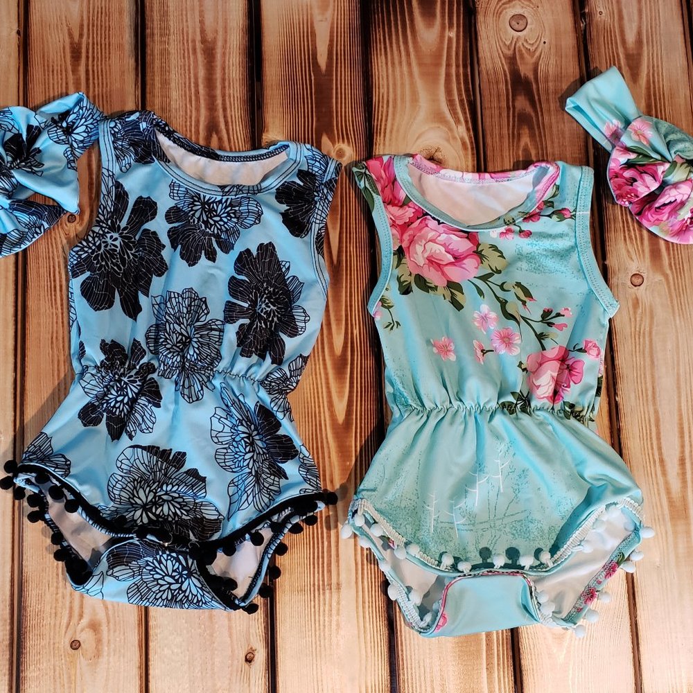 0-6m Baby Romper + Matching  Headband Set